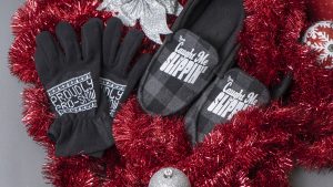 Apparel decorated holiday gloves and slippers