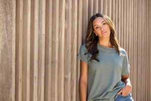 LAT Apparel female model wears T-shirt