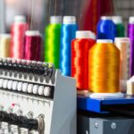 Spools of thread and a commercial custom embroidery machine