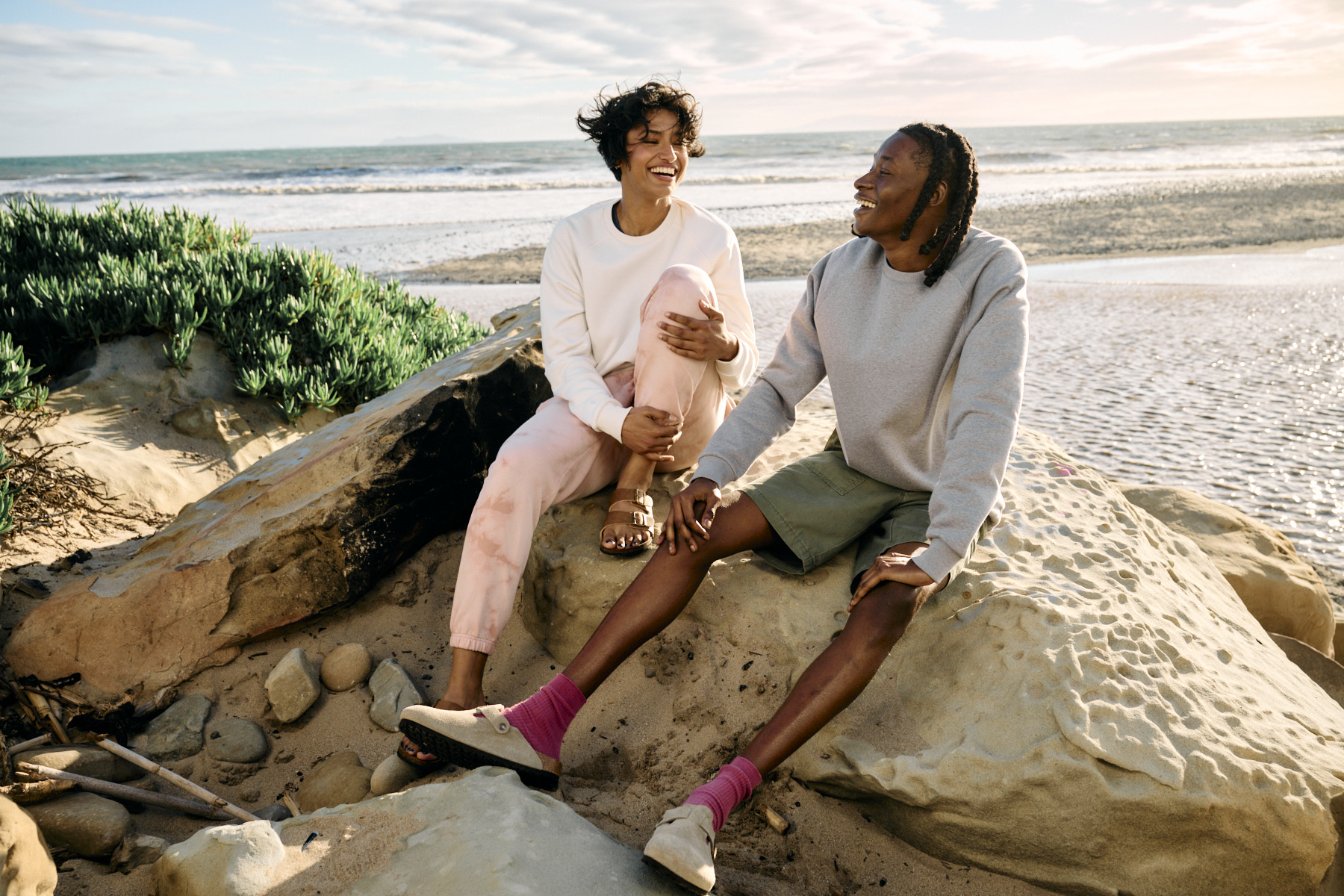 Allmade Unisex Organic CVC Fleece Crewneck Sweatshirt in neutral color, part of the sustainable C-FREE® program, photographed outdoors.