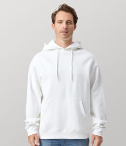 Cotton Heritage Heavyweight Hoodie (M2650) in solid white, unisex fleece with 2-panel hood and premium print-ready fabric.