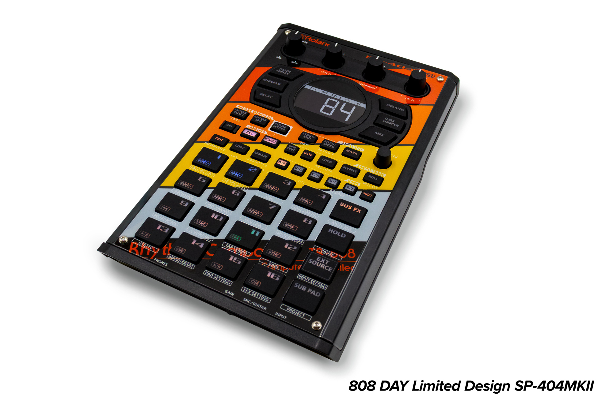 Roland SP-404MKII audio sampler featuring a limited-edition TR-808-inspired design printed using Roland DG VersaOBJECT MO-240 UV flatbed printer.