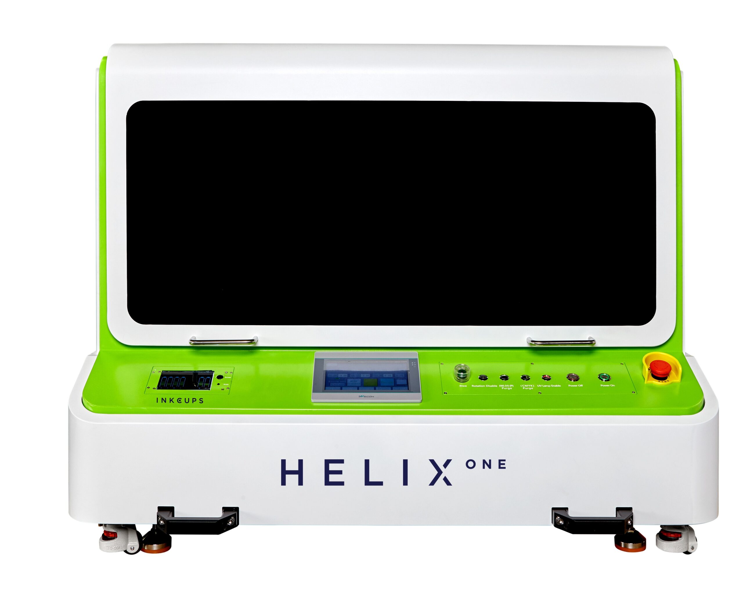 Helix ONE® UV cylindrical printer by Inkcups, now upgraded with auto file scanning, jettable primer, and smaller diameter capability.