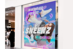 Storefront window using Roland DGA View Thru Adhesive Film with printed graphic.