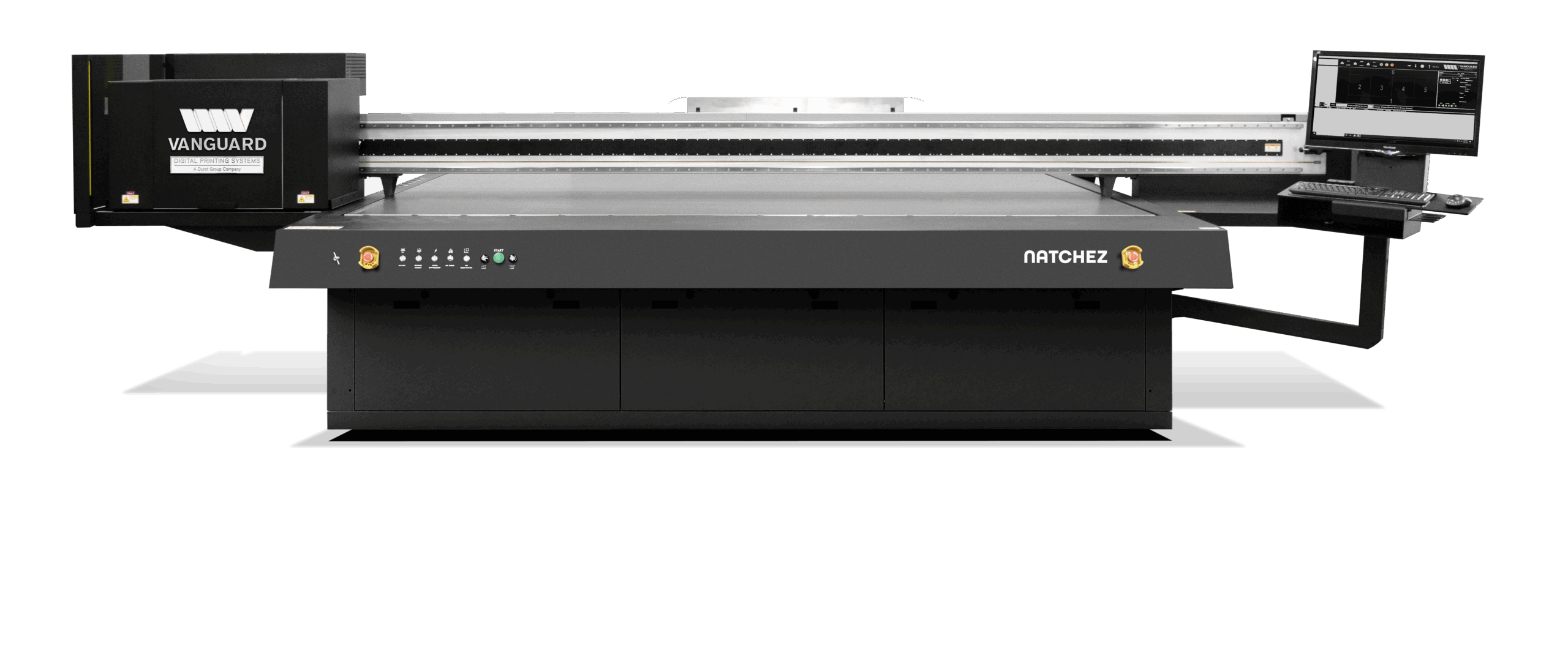 Vanguard Digital Natchez UV-LED flatbed printer with enhanced vacuum table.