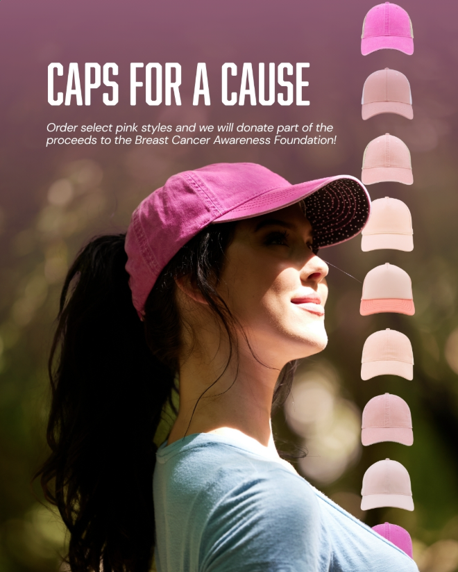 Selection of Infinity Her pink caps displayed with Breast Cancer Awareness ribbons.
