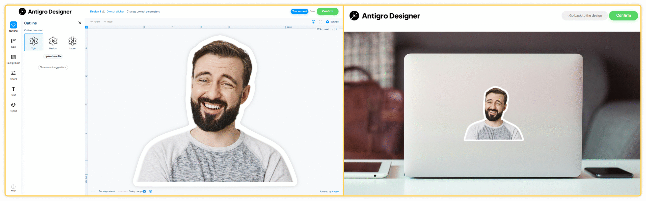 Antigro Designer Print Customizer interface showing photo and layout editing tools