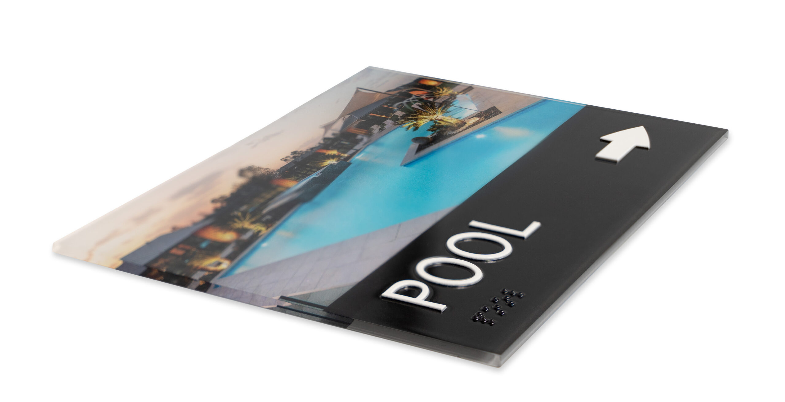 Gemini Raised Print signage showing a full-color pool graphic with raised tactile lettering, ADA-compliant braille, and dimensional arrow on an acrylic substrate.