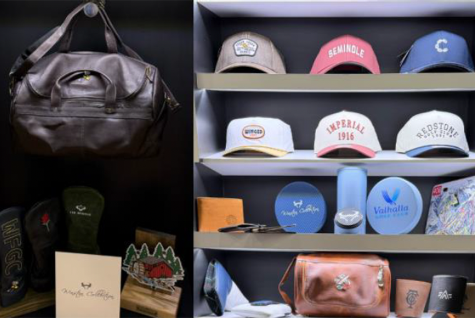 Imperial Headwear and Winston Collection premium golf accessories, including branded hats, leather bags, and lifestyle goods displayed on shelves.