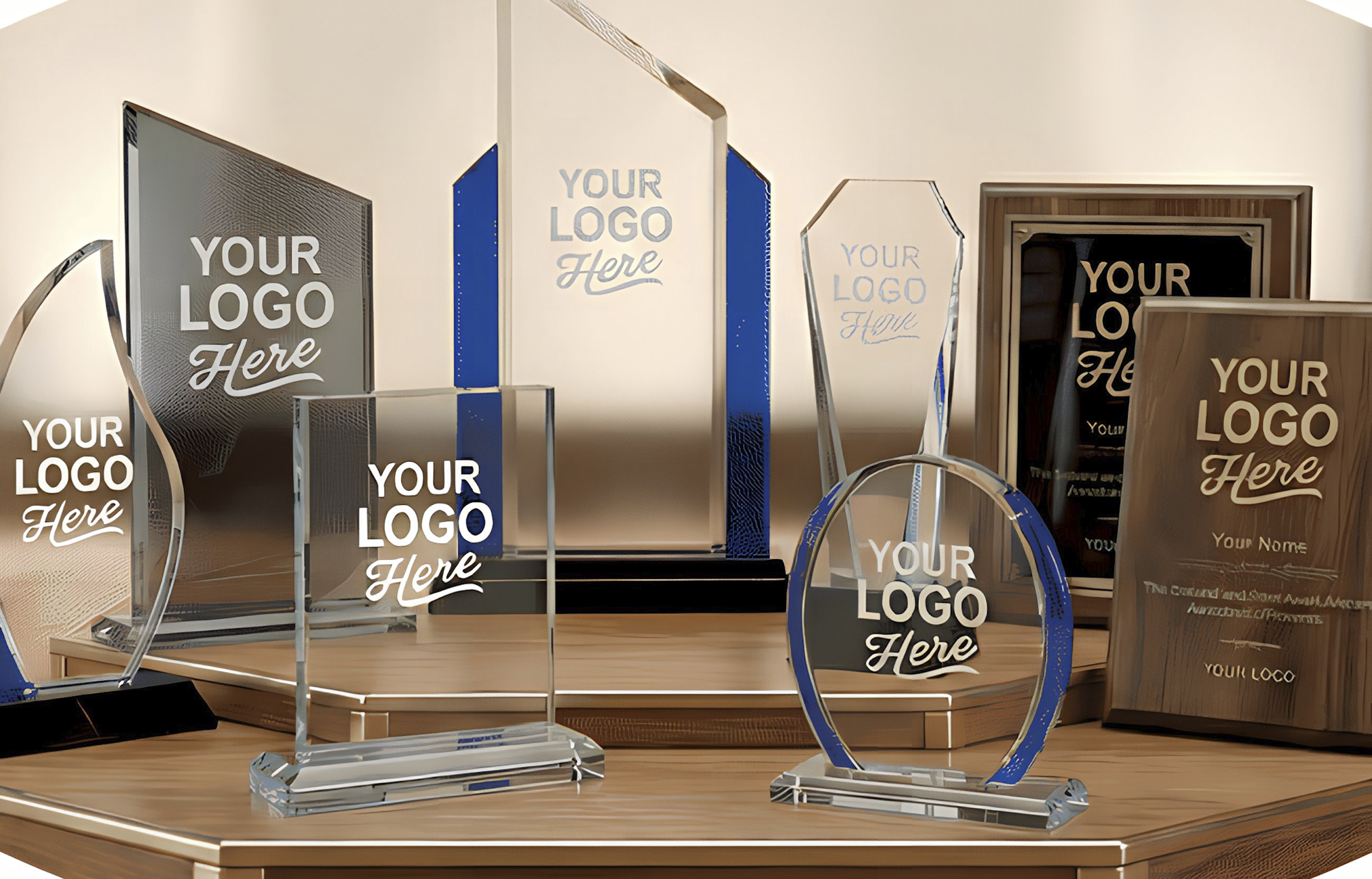 Custom acrylic and crystal awards with engraved logos and text, designed for corporate recognition and employee awards.