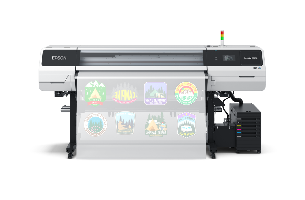 Epson SureColor G9070 64-inch direct-to-film printer producing full-color DTF transfers, designed for high-volume apparel decoration.