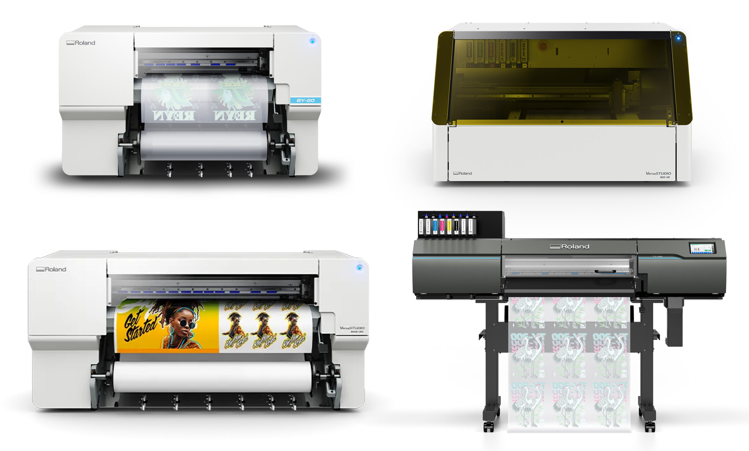 Roland DGA digital printing equipment lineup featuring the TY-300 DTF printer, VersaSTUDIO BY-20, BD-12 UV printer, and BN2-30 printer/cutter for apparel decoration and customization.
