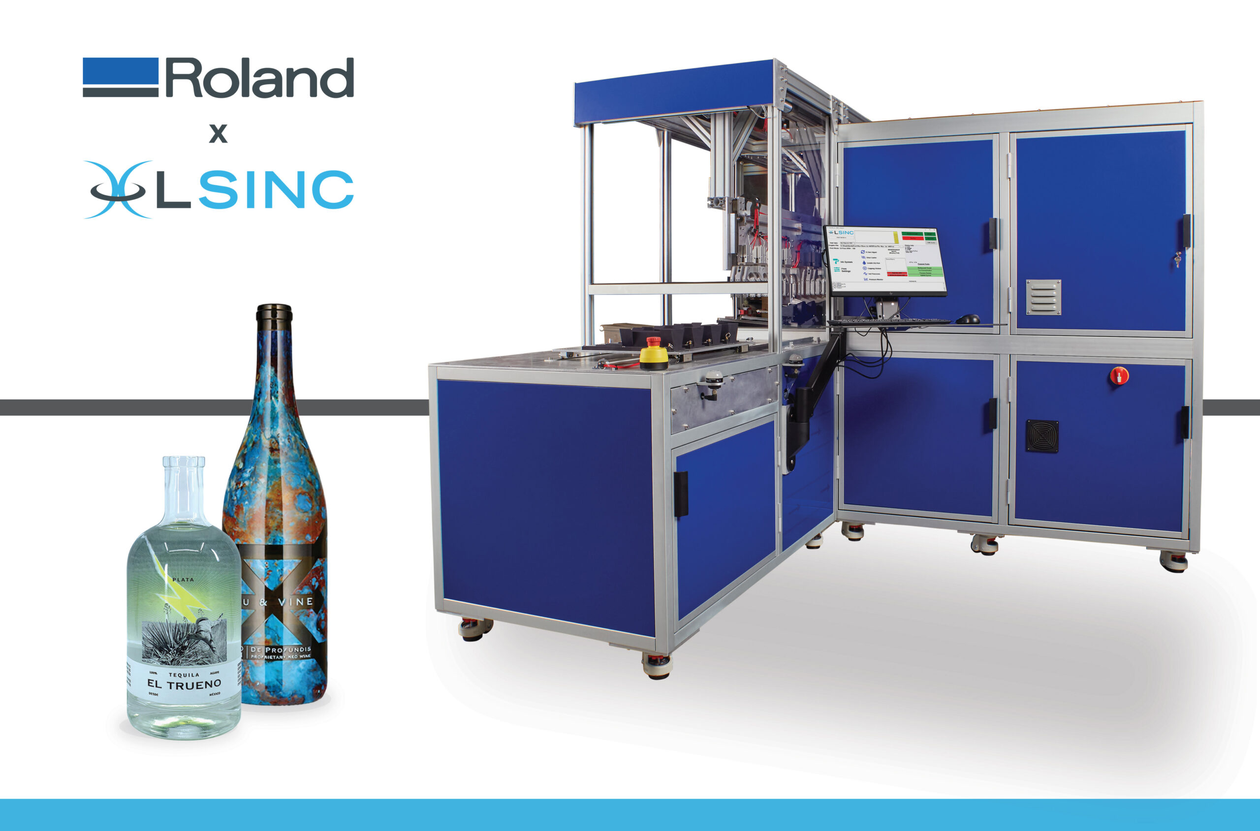 Roland DG and LSINC industrial direct-to-object printing system shown with decorated glass bottles, highlighting 360-degree cylindrical printing capabilities.