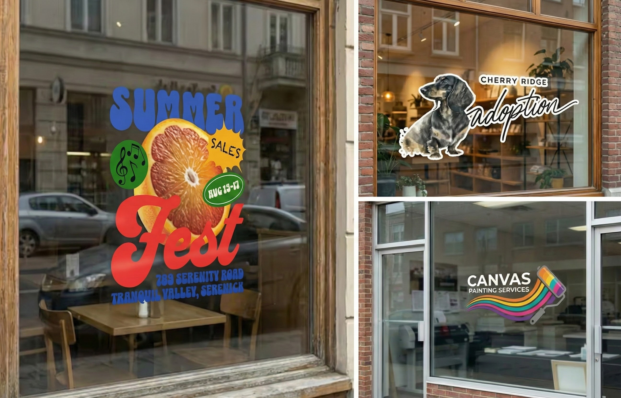 Ninja Transfers custom window clings displayed on storefront windows, featuring full-color graphics for promotions, branding, and business signage.