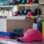 Promotional products including custom caps, folded apparel, drinkware, and shipping boxes displayed in a print shop setting for merch expansion.