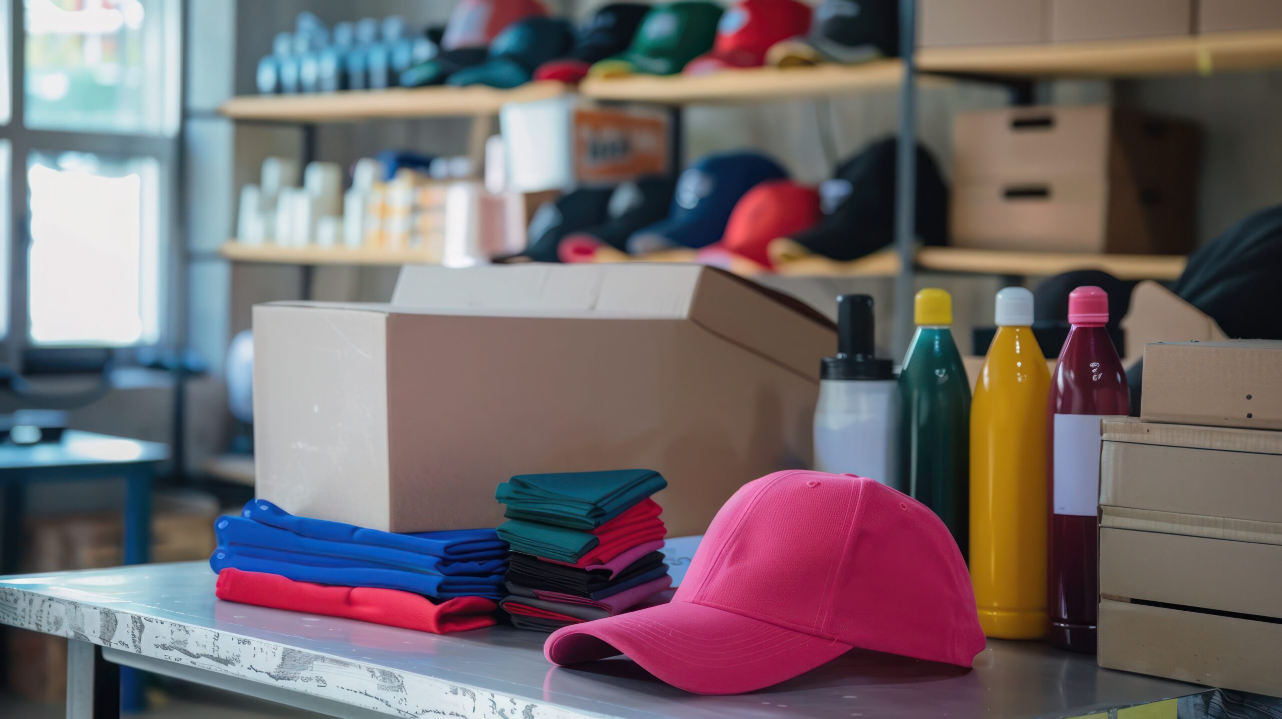 Promotional products including custom caps, folded apparel, drinkware, and shipping boxes displayed in a print shop setting for merch expansion.
