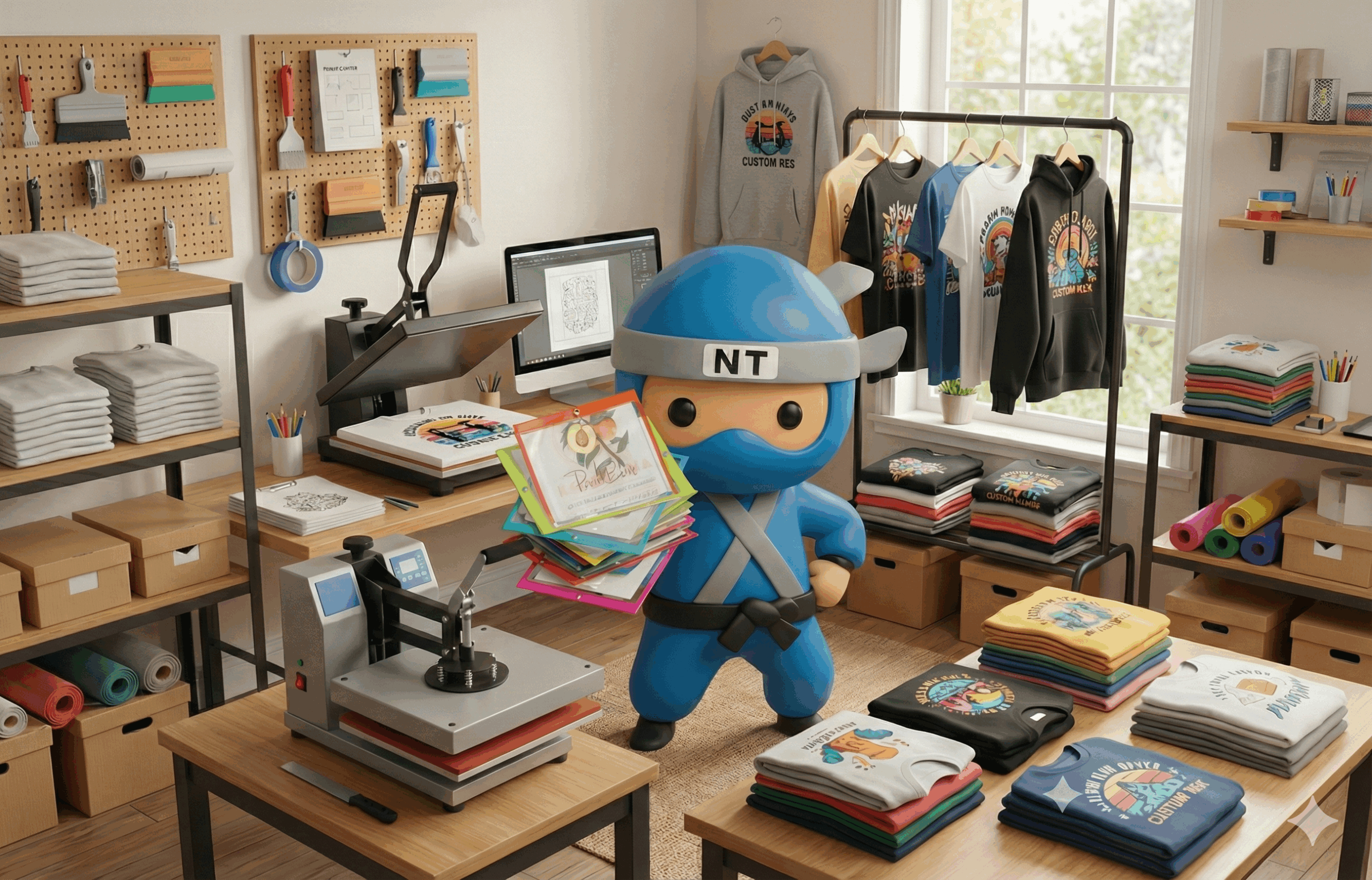 DTF transfer storage folders used in apparel decorating shop to organize printed transfers between printer and heat press for improved workflow efficiency.