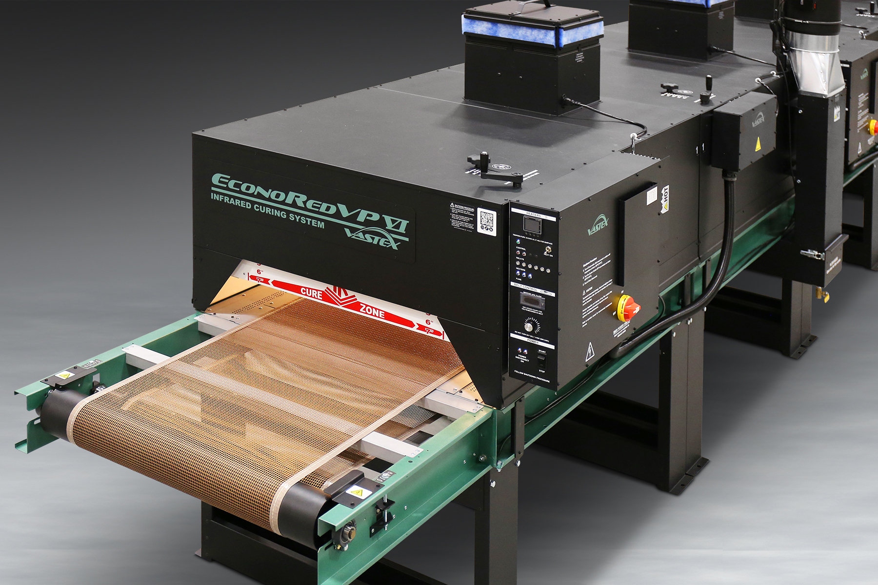 Vastex ERVP-VI-24 high-volume conveyor dryer with infrared curing system and modular three-chamber design for DTF, DTG and screen printing applications.