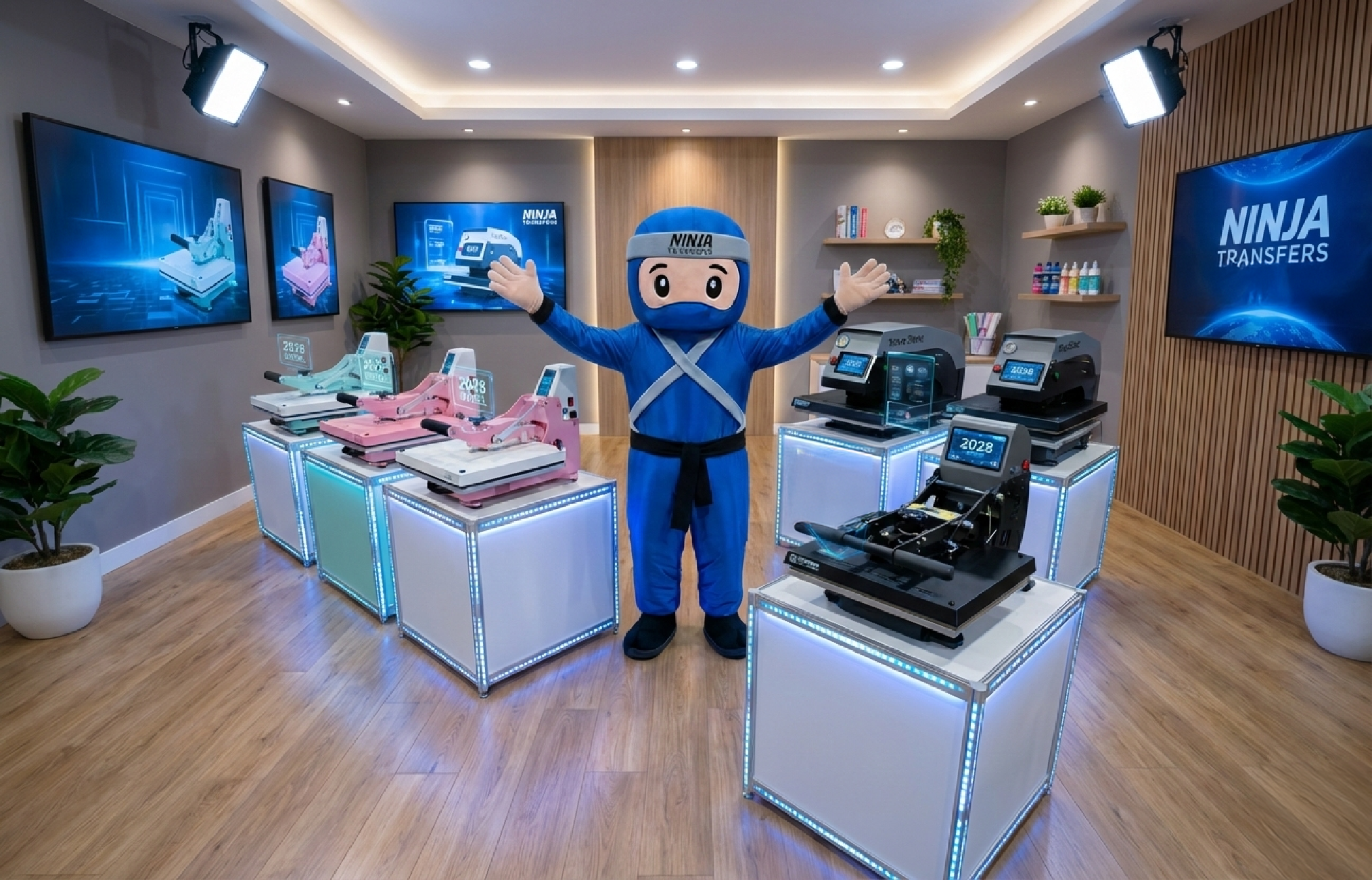 Ninja Transfers showroom display featuring Heat Press Nation heat presses, including clamshell and cap press models, with Ninja mascot in a studio environment showcasing DTF transfer equipment.
