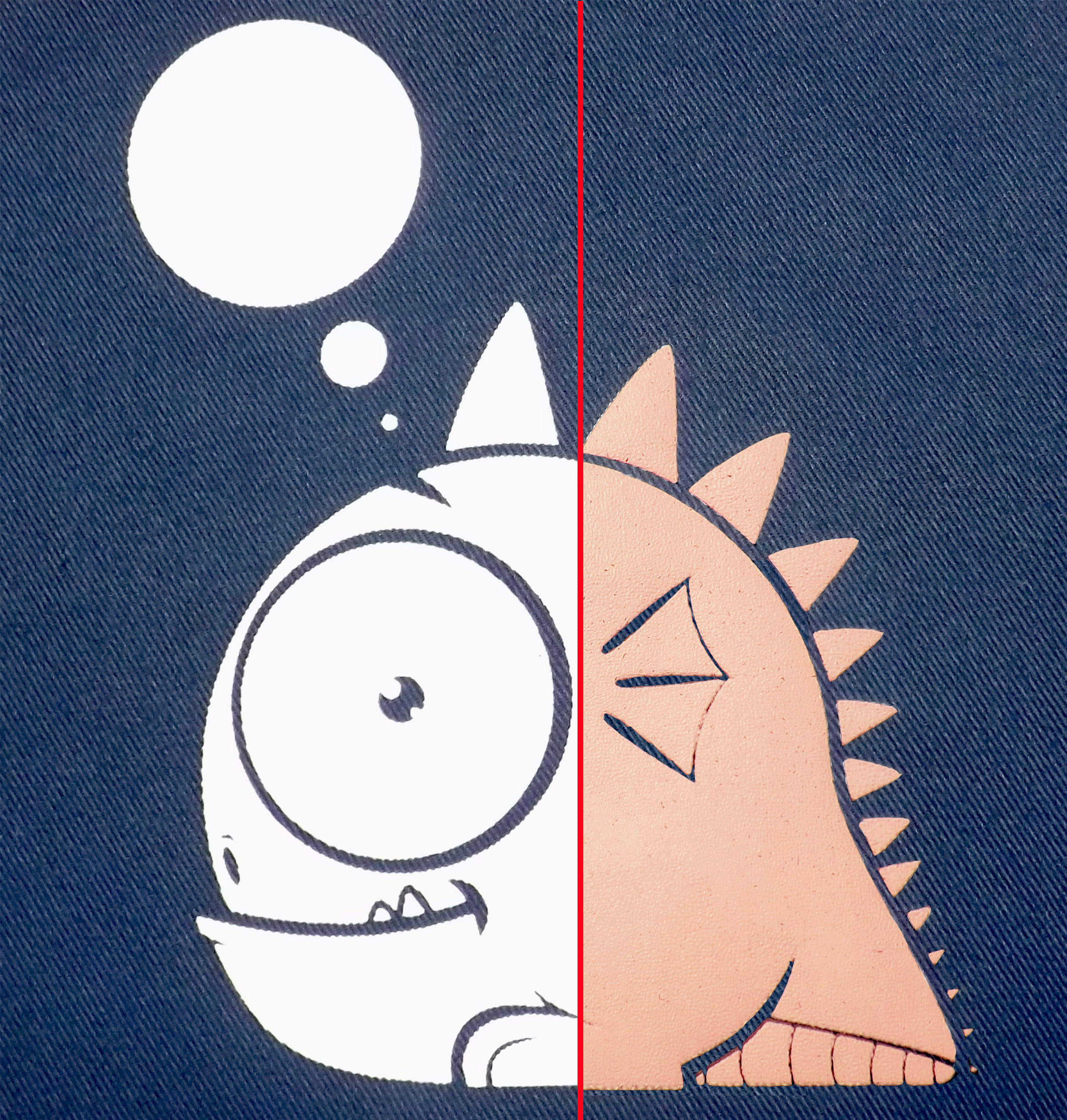 Side-by-side comparison of a white screen print versus dye-migrated print on dark fabric, showing polyester dye migration discoloration