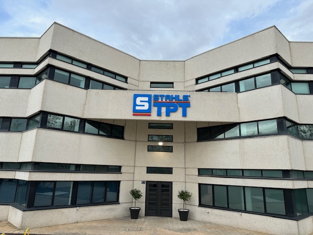 Exterior of STAHLS’ TPT facility in Spain, headquarters of STAHLS’ European licensed and sports apparel decoration operations.