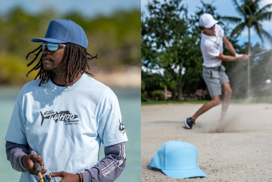 10 10 Hats performance headwear featuring laser-cut mesh caps worn outdoors by golfers and lifestyle consumers.