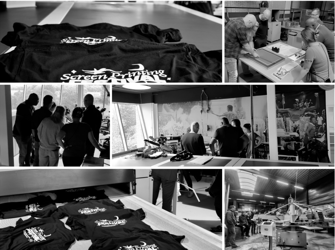 Participants at Sport PrintLab Waterbase Festival learning water-based screen printing techniques, including on-press training, garment production and hands-on instruction with ROQ equipment.