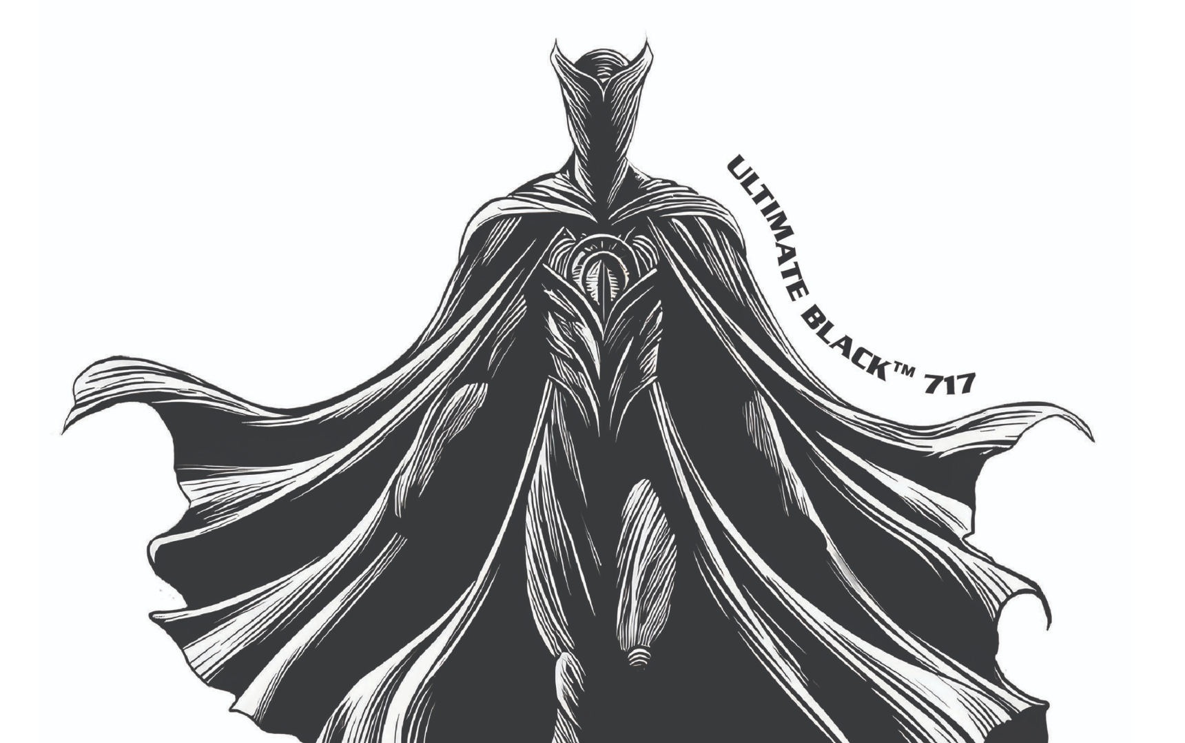 Illustration representing Ultimate Black™ 717 screen-printing ink from International Coatings Company, highlighting deep matte black print performance for textile screen printing.