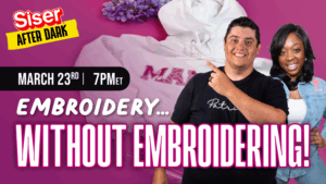 Siser After Dark virtual class featuring Patrick Ali and Dani demonstrating how to create embroidery-style effects using heat transfer vinyl.