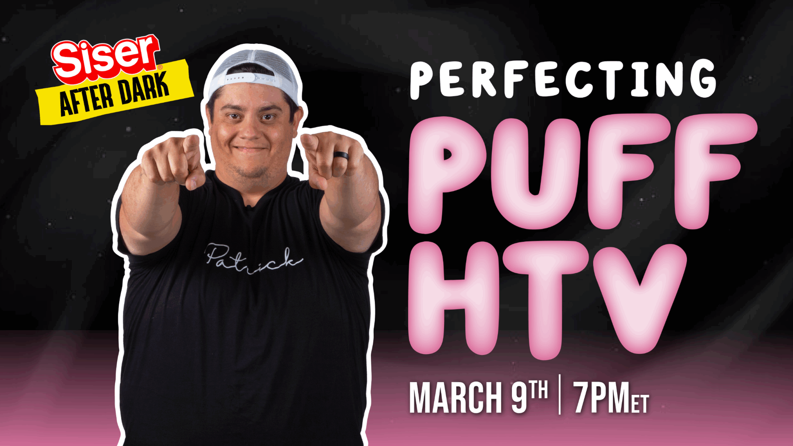 Siser After Dark Perfecting Puff HTV class hosted by Patrick Ali teaching techniques for applying Easy Puff heat transfer vinyl.