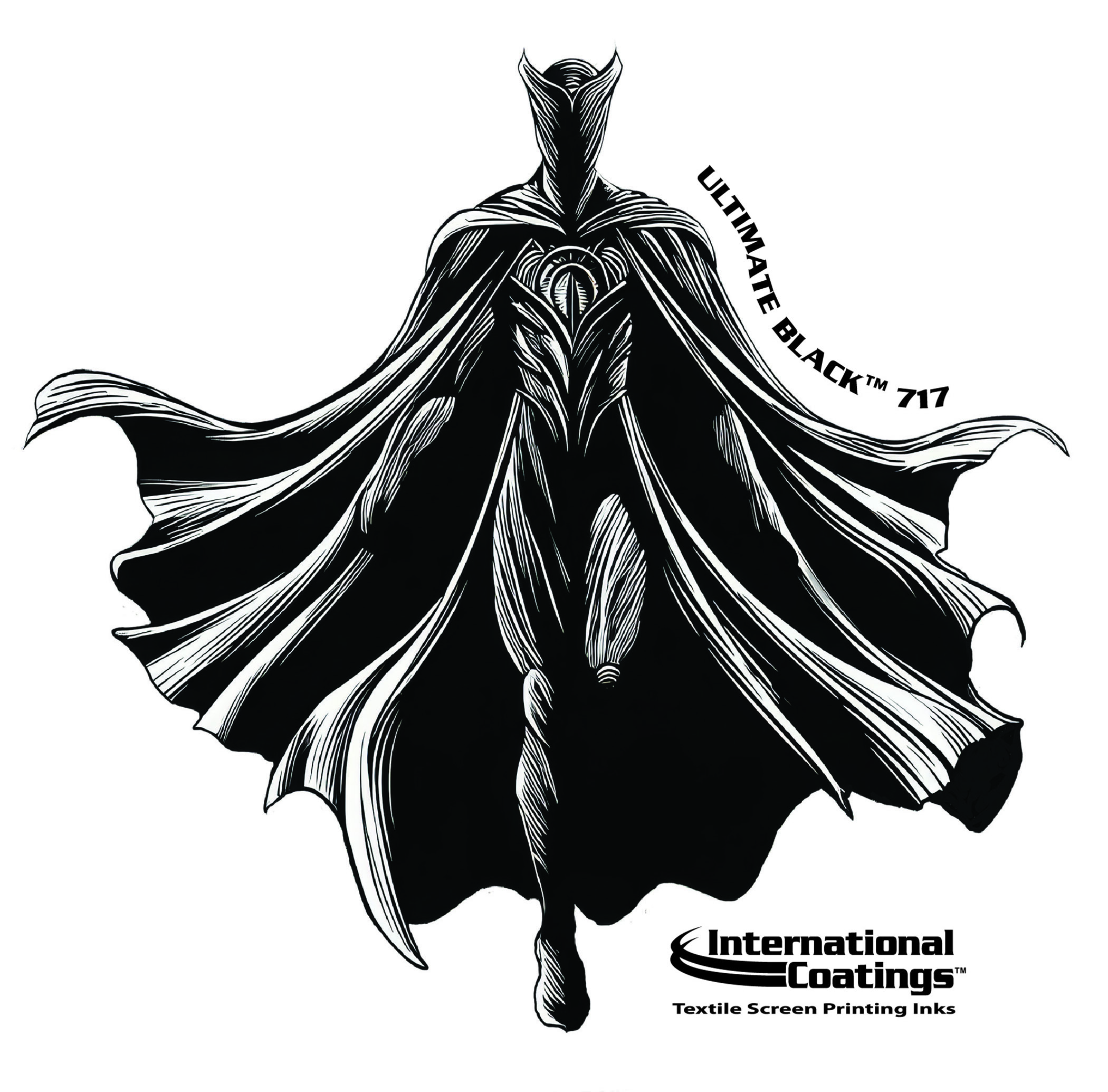 Illustration representing Ultimate Black™ 717 screen-printing ink from International Coatings Company, highlighting deep matte black print performance for textile screen printing.