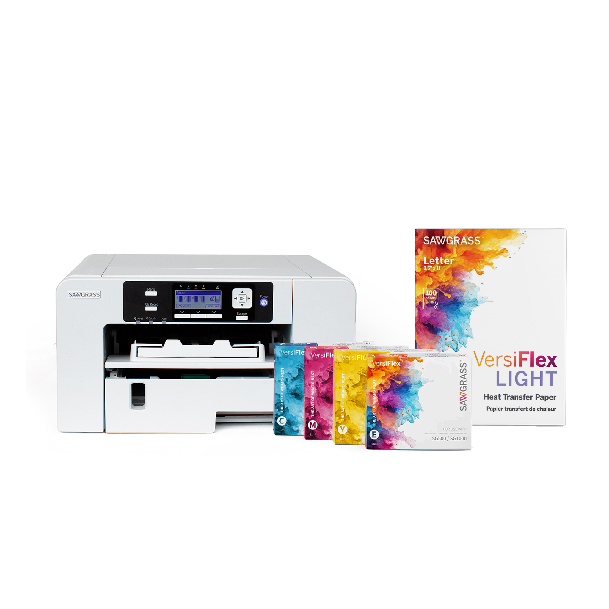 Sawgrass VersiFlex decorating system featuring SG-series printer, VersiFlex inks and VersiFlex Light heat transfer paper for printing on cotton garments and hard goods.