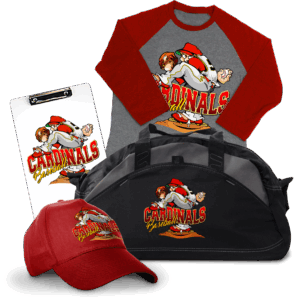 Custom Cardinals baseball team design collection including T-shirt, hat, duffel bag and clipboard showcasing coordinated branded apparel and accessories