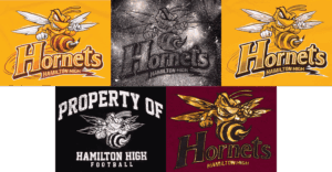 Team logo design variations for Hornets High School showing different print styles, colors and decoration techniques for apparel collections
