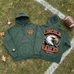 Custom high school football hoodie collection featuring Lincoln Eagles branding with front and back designs for team apparel sales