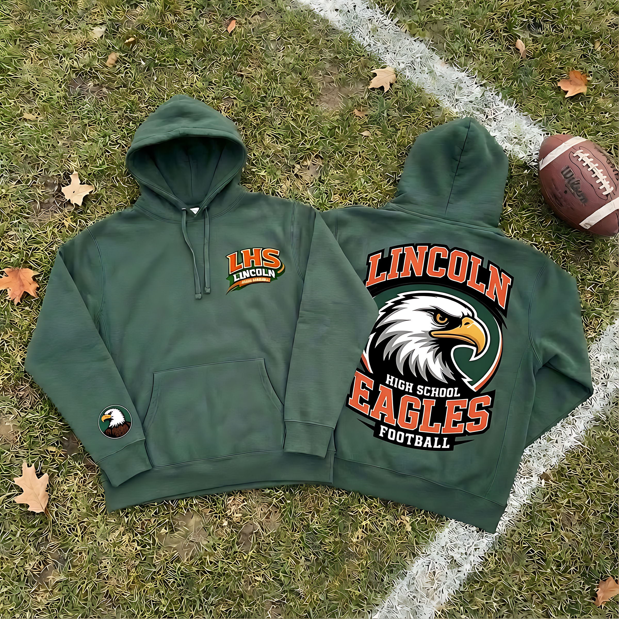 Custom high school football hoodie collection featuring Lincoln Eagles branding with front and back designs for team apparel sales