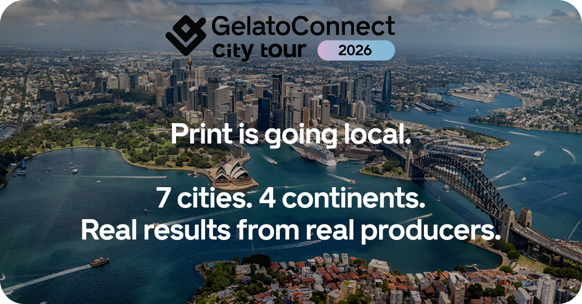 Aerial view of city skyline with GelatoConnect City Tour 2026 branding promoting local print production and global event series