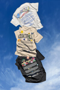 BELLA+CANVAS graphic T-shirts featuring colorful Coachella-inspired designs printed on vintage white, khaki and dark gray tees, showcasing soft cotton fabric and vibrant, retail-style decoration