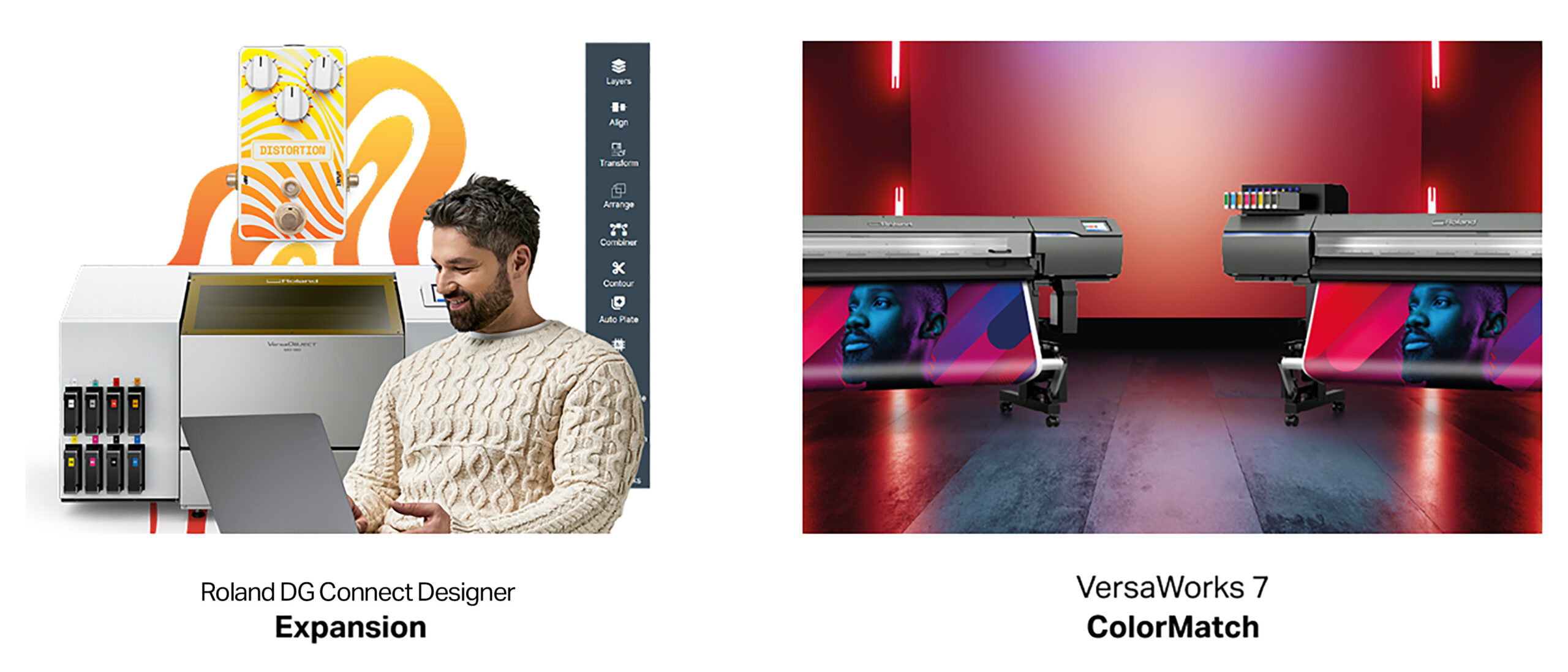 Roland DG Connect Designer interface and VersaWorks 7 ColorMatch printing software displayed with wide-format printers for color-managed production workflows