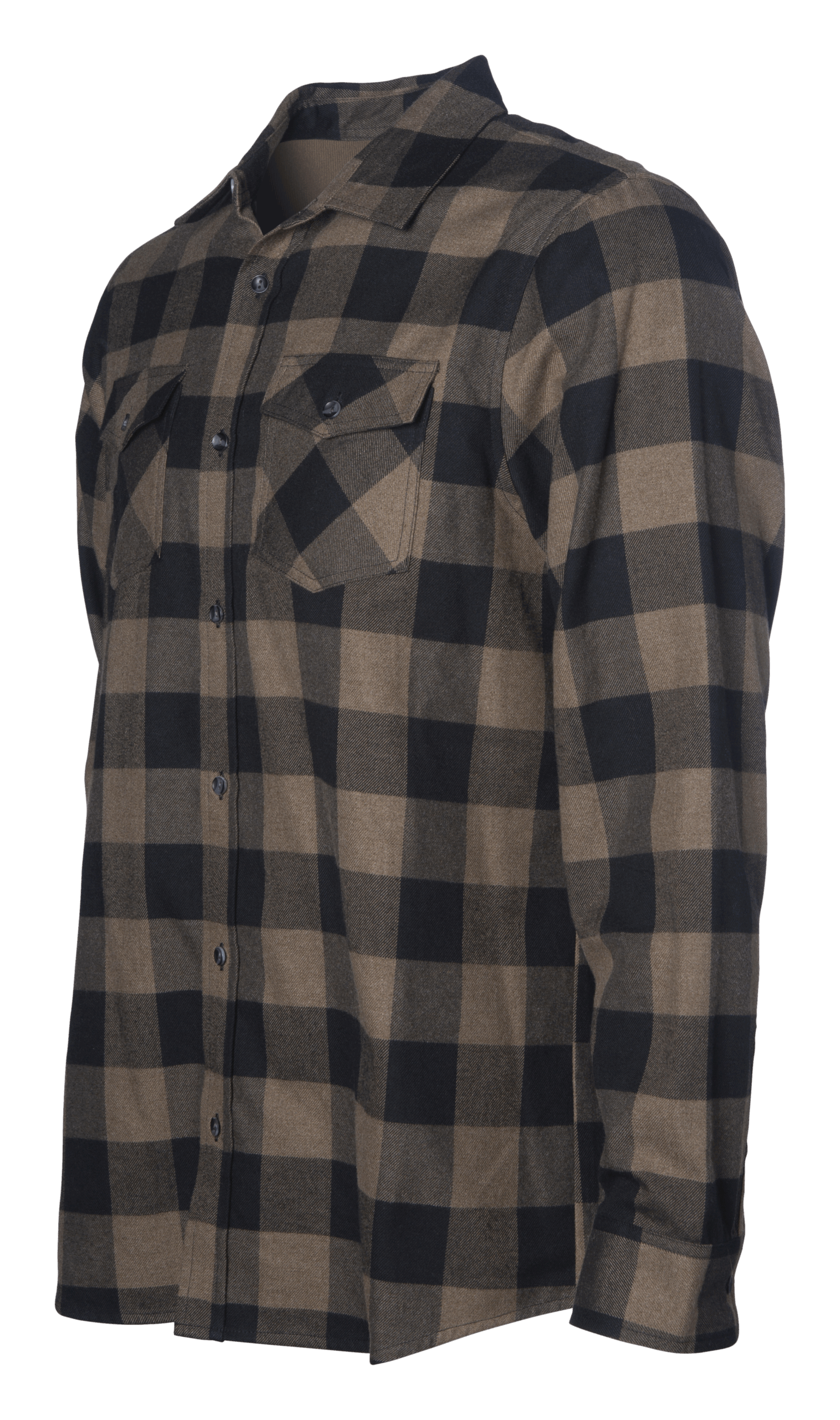 Independent Trading Co. EXP50F men’s flannel shirt in brown and black buffalo plaid with button front and chest pockets