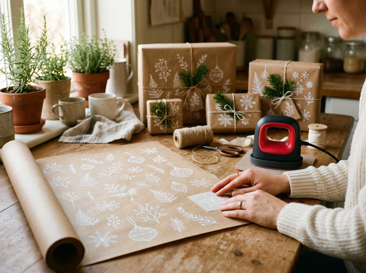 DTF transfer designs applied to kraft wrapping paper using a heat press, showcasing custom packaging and paper goods created with Ninja Transfers technology.