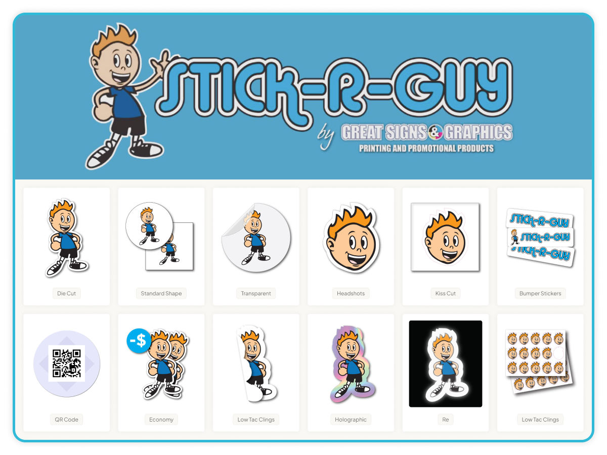 Great Signs & Graphics’ Stick-R-Guy online sticker ordering platform showcases customizable sticker options including die-cut, holographic, transparent, bumper, QR code, and sticker sheet products powered by automated web-to-print technology.