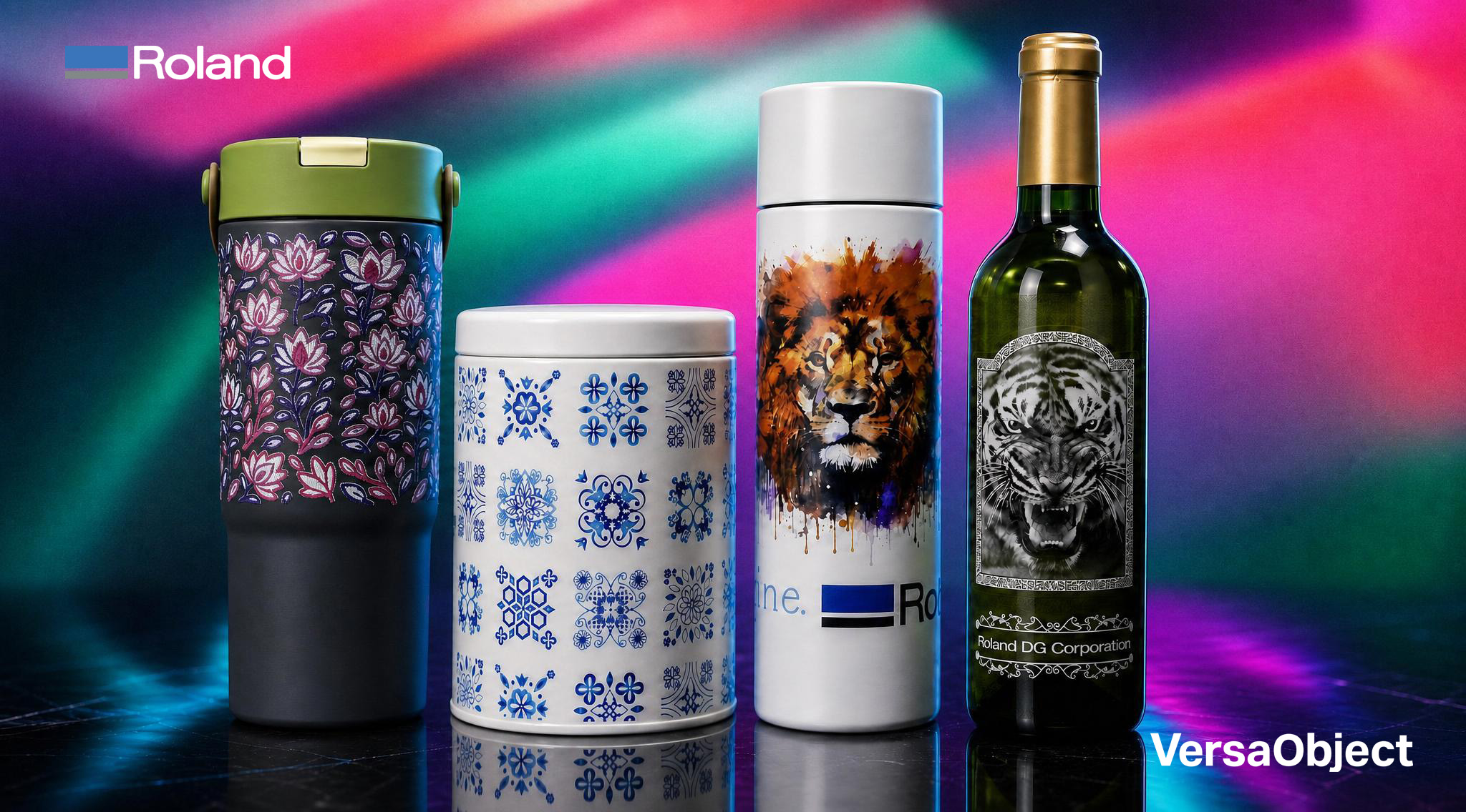 Roland DG VersaObject cylindrical UV printer decorated drinkware and bottle samples showcasing direct-to-object digital printing applications