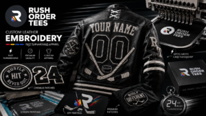 Custom embroidered leather Philadelphia Flyers playoff jacket created by Rush Order Tees featuring personalized hockey-themed embroidery and chenille patch embellishments