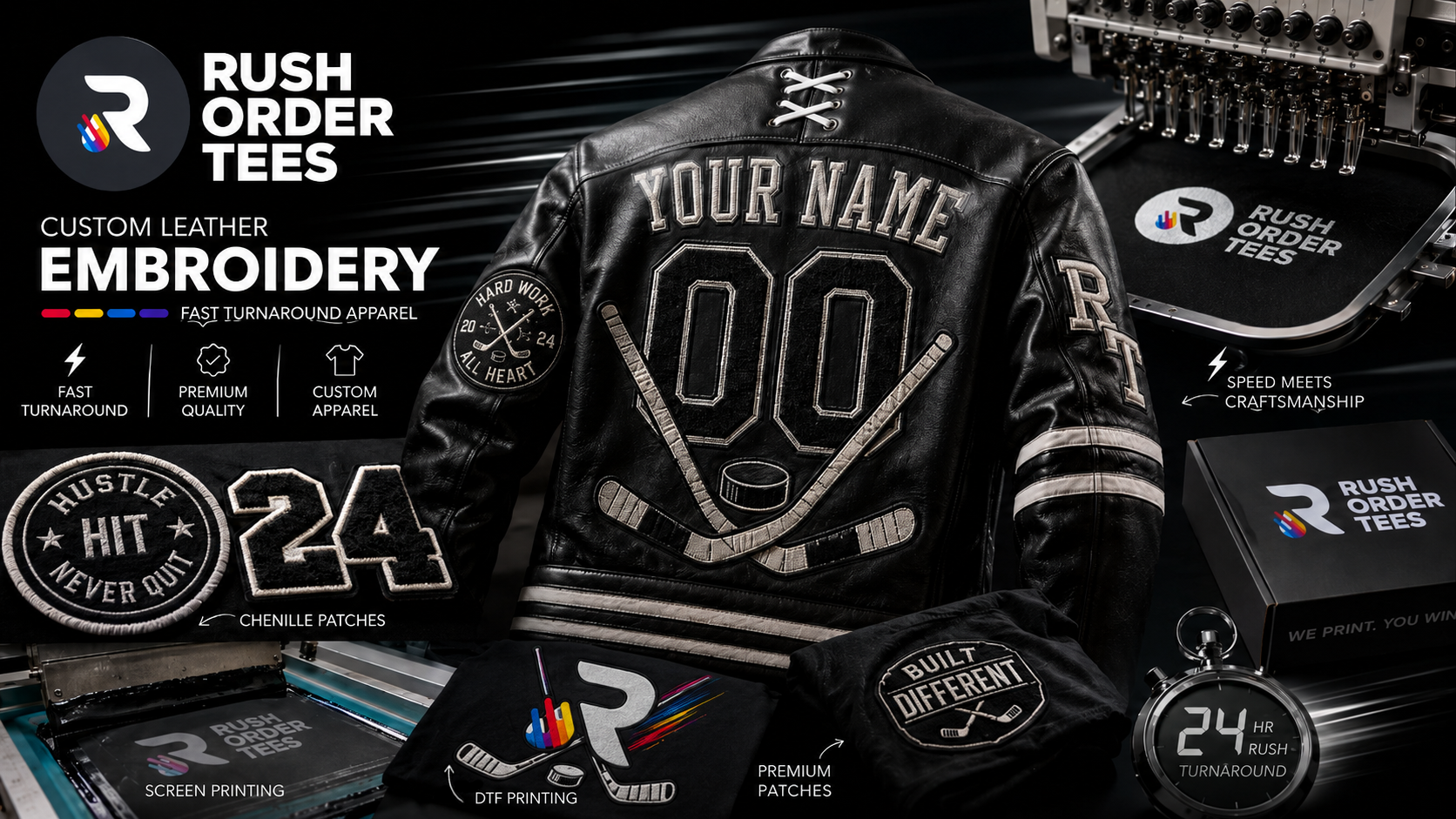 Custom embroidered leather Philadelphia Flyers playoff jacket created by Rush Order Tees featuring personalized hockey-themed embroidery and chenille patch embellishments