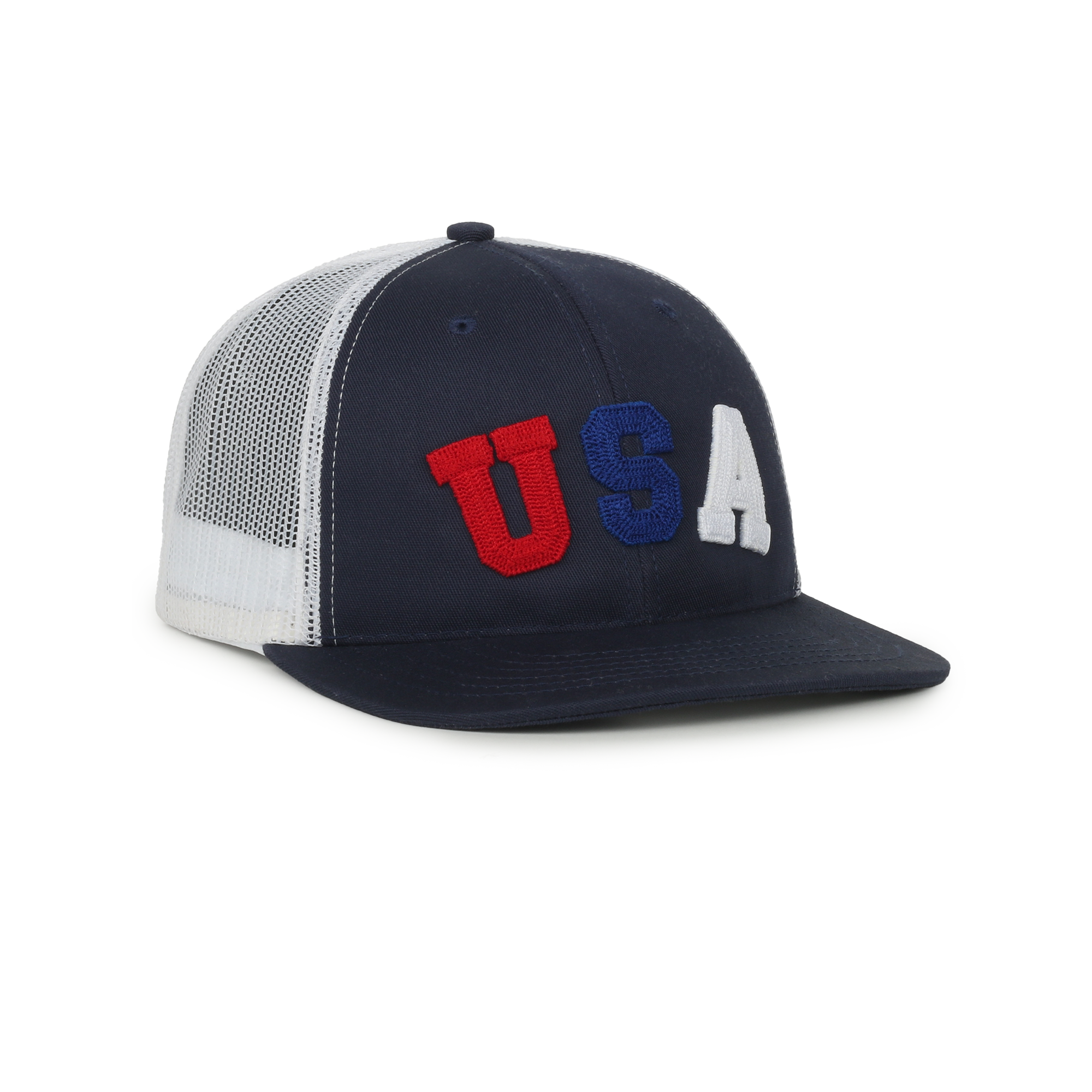 Outdoor Cap Made-in-USA patriotic trucker cap featuring USA chenille embroidery designed for custom decoration and promotional headwear programs