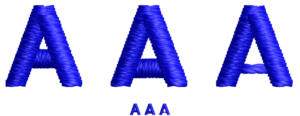 Comparison of embroidered uppercase letter A variations showing how crossbar placement affects counter size, lettering legibility and pull distortion in embroidery digitizing.