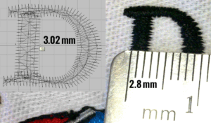 Digitizing software and stitched embroidery comparison showing column width reduction caused by pull distortion, highlighting the need for proper pull compensation settings.