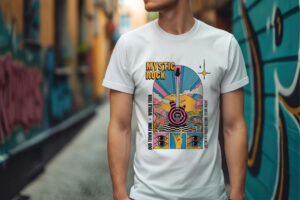 Custom T-shirt decorated with a colorful graphic transfer produced using Roland DG's VersaStudio BY2-20 DTF printer.