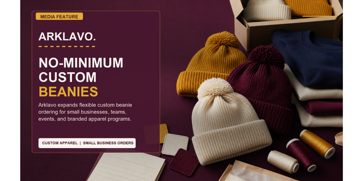 Arklavo's expanded no-minimum custom beanie program allows businesses to order embroidered branded headwear in quantities ranging from a single beanie to large team orders.